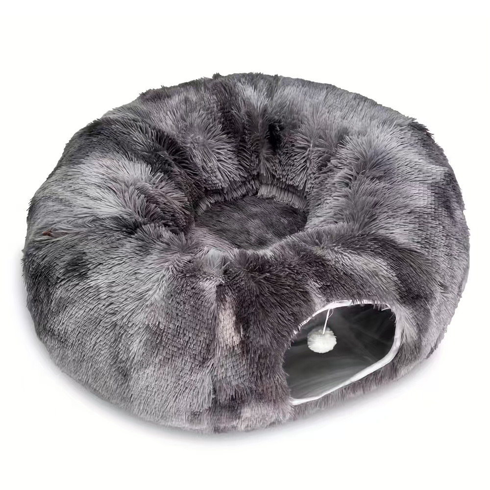 2-in-1 Dark Grey Tie-Dye Donut-Shaped Cat Tunnel Bed - Spacious 85cm Pet Play