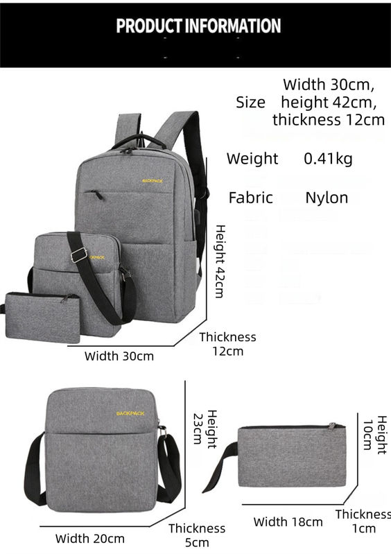 Grey 3-PCS Multi-Functional & Lightweight Backpacks Set for Students - Large view 4