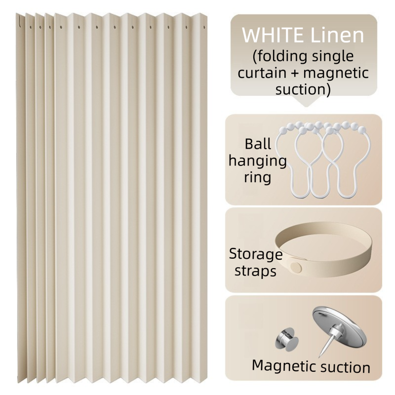 100 X 180 CM White Linen-Look Dust Drill-Free Pull-Curtain - Folding Doorless