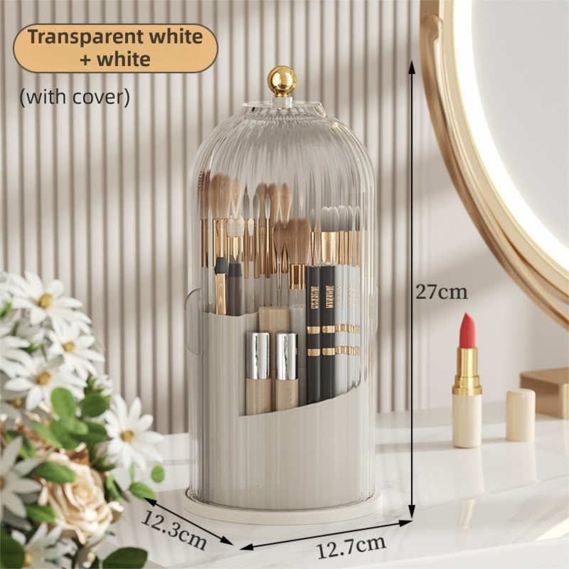 White 360° Rotating Makeup Brush Holder with Transparent Dust-Proof Sliding