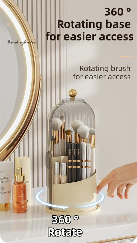 White 360° Rotating Makeup Brush Holder with Transparent Dust-Proof Sliding view 2