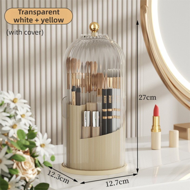 Yellow 360° Rotating Makeup Brush Holder with Transparent Dust-Proof Sliding