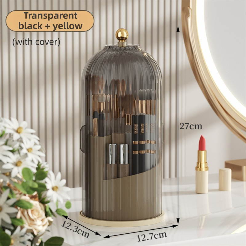 Yellow 360° Rotating Makeup Brush Holder with Black Transparent Dust-Proof