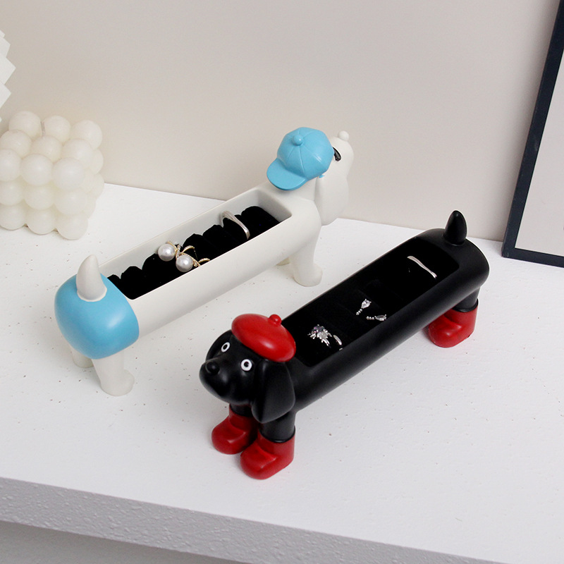 White Resin Dachshund Puppy Ring Earring Tray with Sponge Slots - Unique Dog view 4