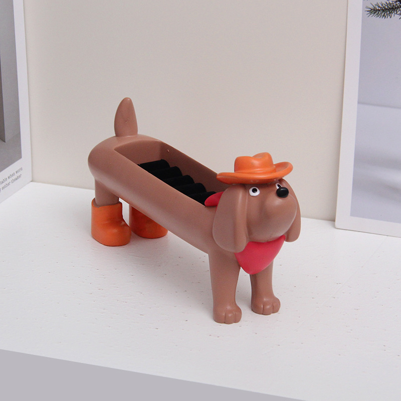 Brown Resin Dachshund Puppy Ring Earring Tray with Sponge Slots - Unique Dog