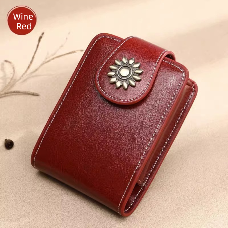 Wine-Red Sleek Compact PU Leather Flap-Top Lip Gloss Organizer with Built-in