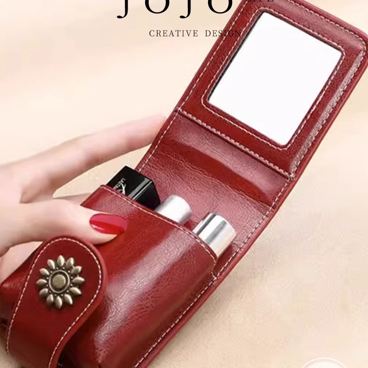 Black Sleek Compact PU Leather Flap-Top Lip Gloss Organizer with Built-in Mirror view 2