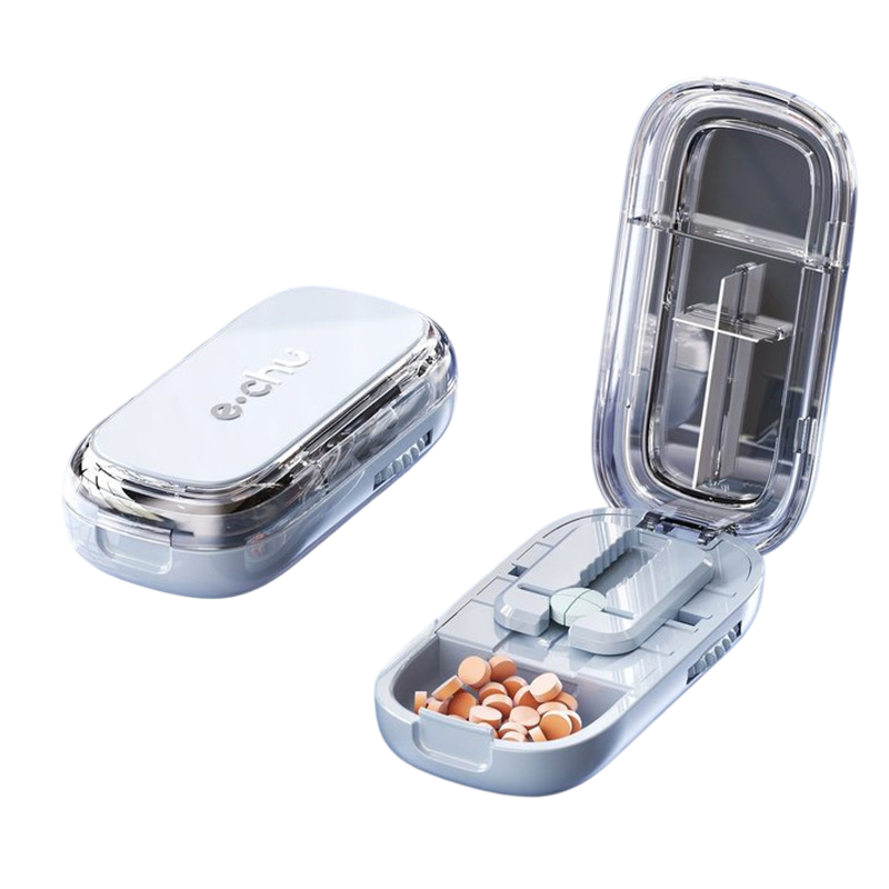 Blue Portable Mini Pill Organizer with 1/2 & 1/4 Precision Cutter