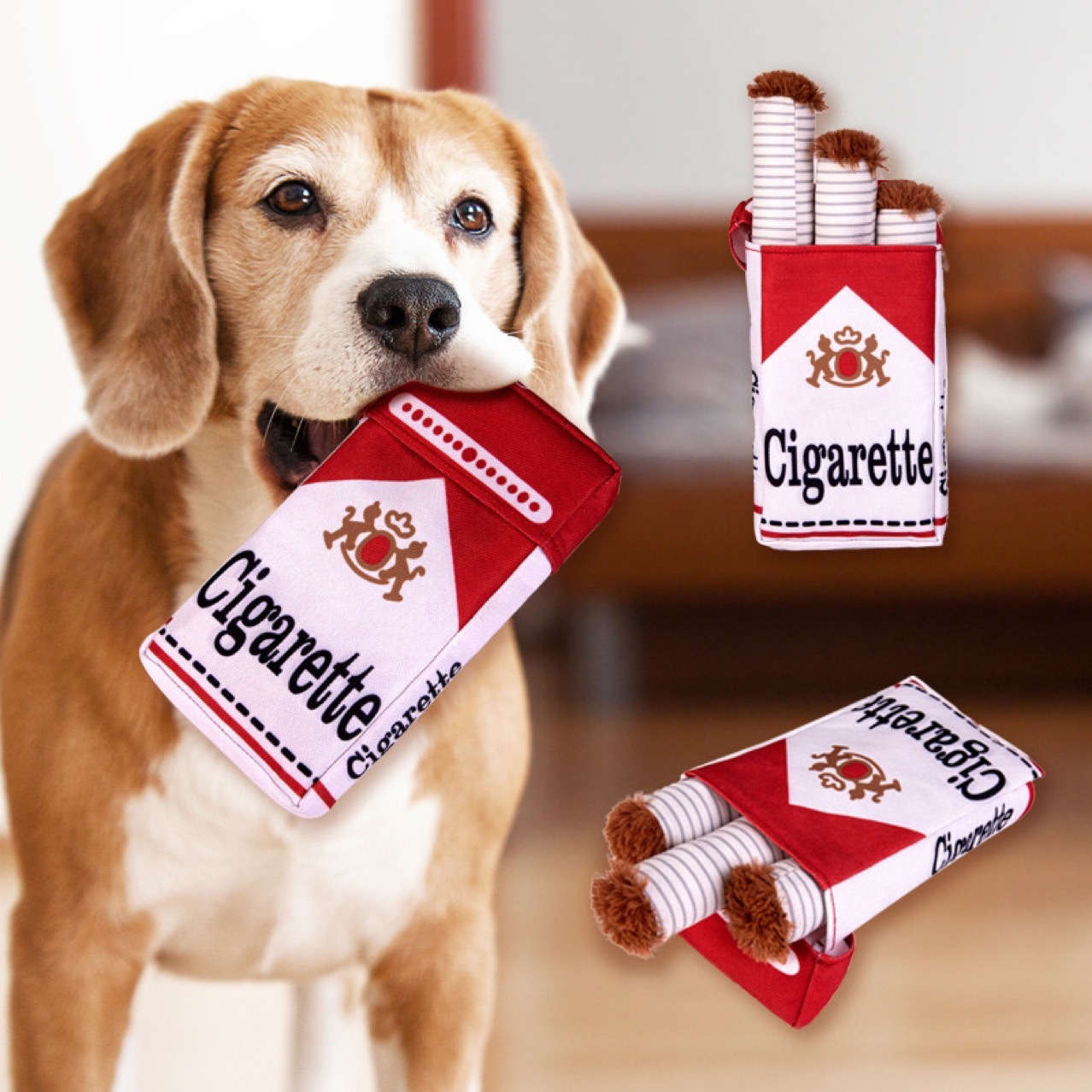 2-Pack Funny Cigarette Box Squeaky Dog Toy - Soft Plush Interactive Molar Toy