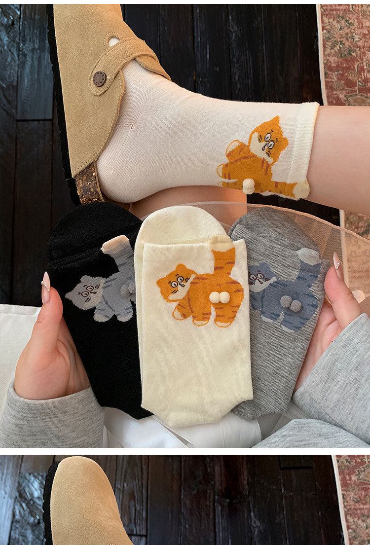 6-Pair Cute 3D Cartoon Cat Mid Socks - Breathable & Odor-Resistant Cotton — image 1