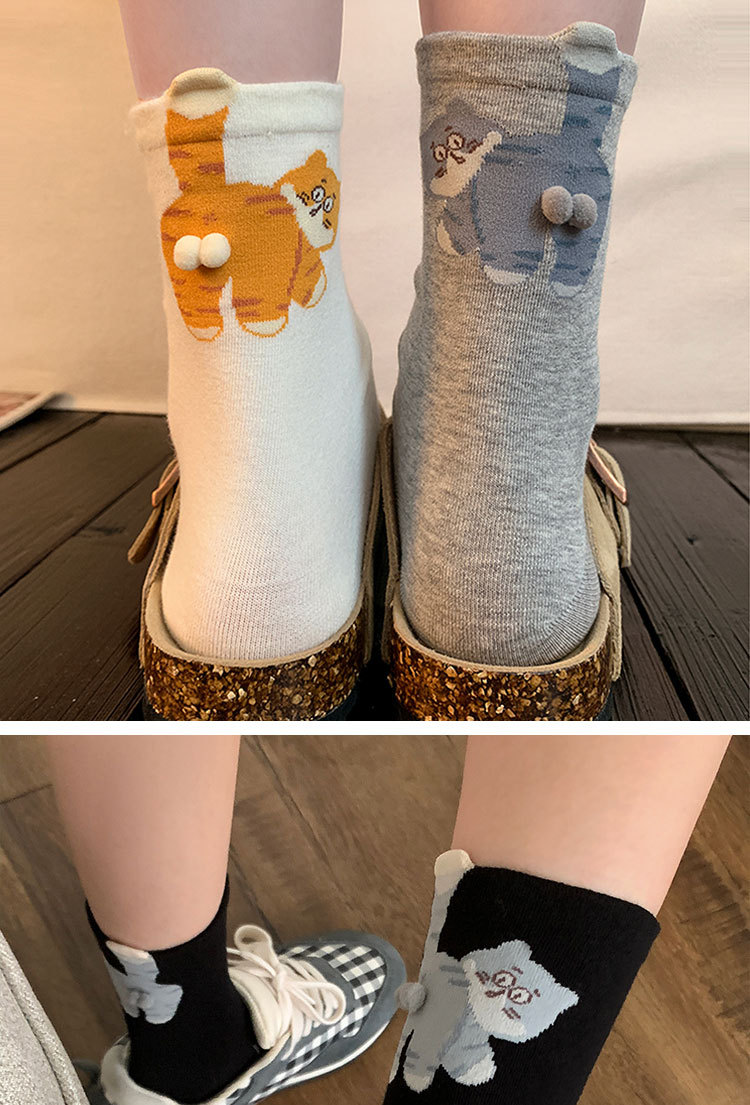 6-Pair Cute 3D Cartoon Cat Mid Socks - Breathable & Odor-Resistant Cotton view 3