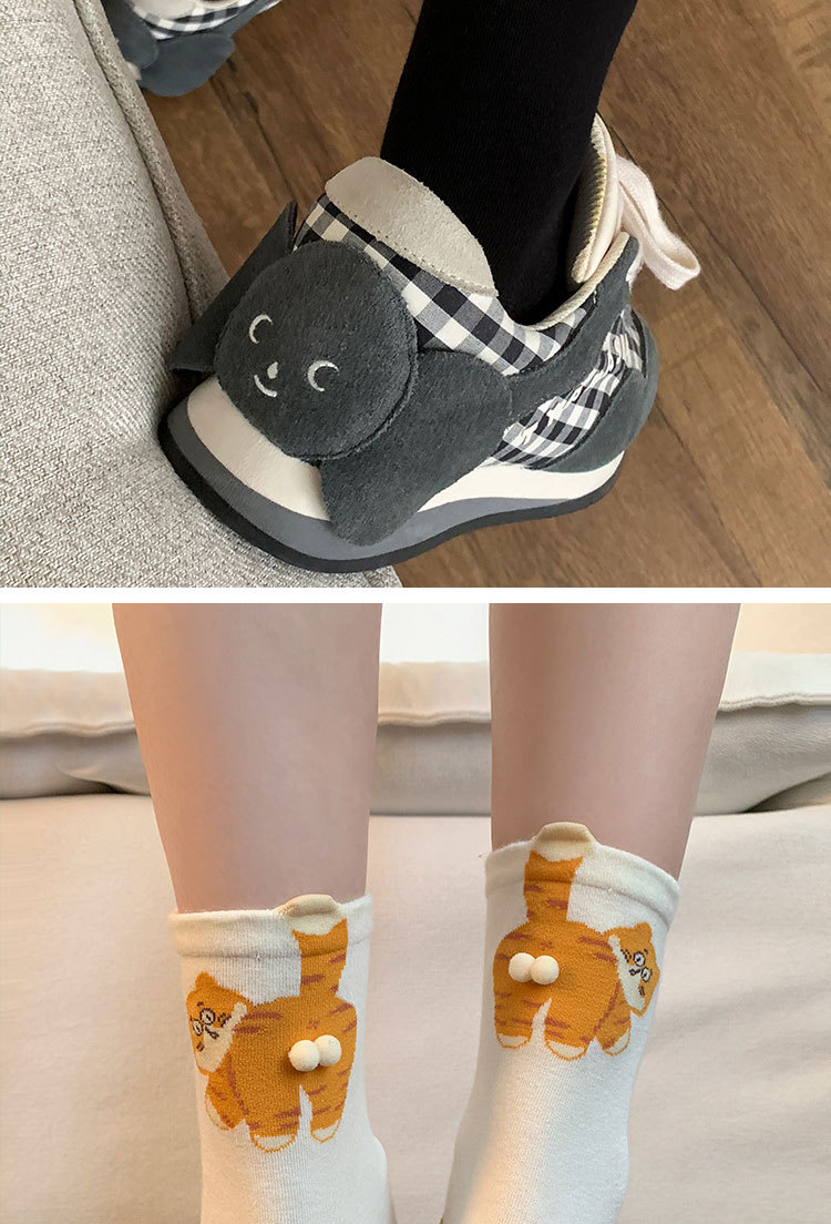 6-Pair Cute 3D Cartoon Cat Mid Socks - Breathable & Odor-Resistant Cotton view 4
