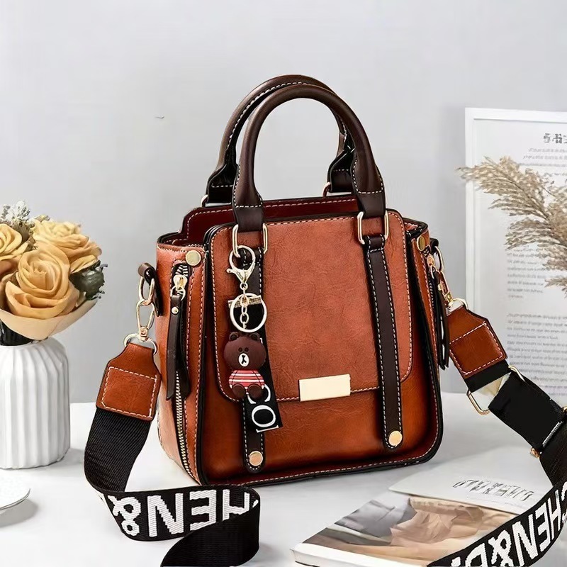 Caramel Trendy Vertical Square PU Leather Moto Crossbody Bag & Tote with