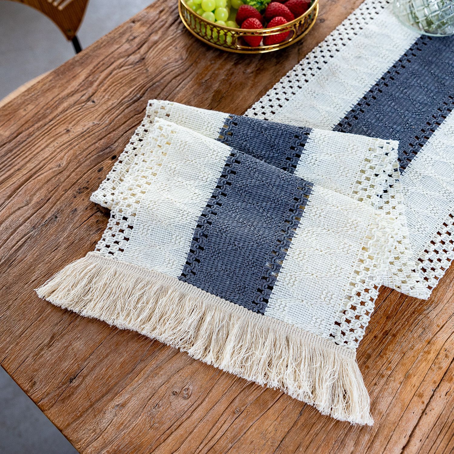 White-Grey Bohemian Woven Dining Mat with Tassels(30X50CM) - Wrinkle-Resistant
