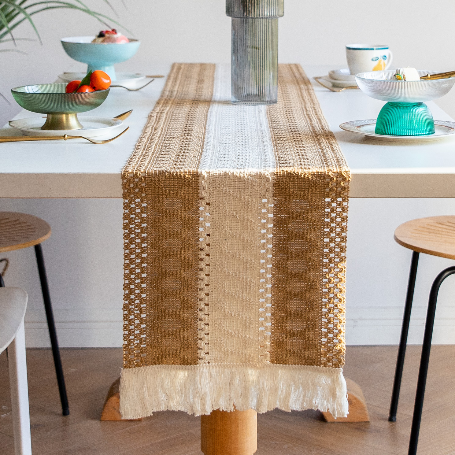 White-Grey Bohemian Woven Table Runner with Tassels(30X183CM) view 6