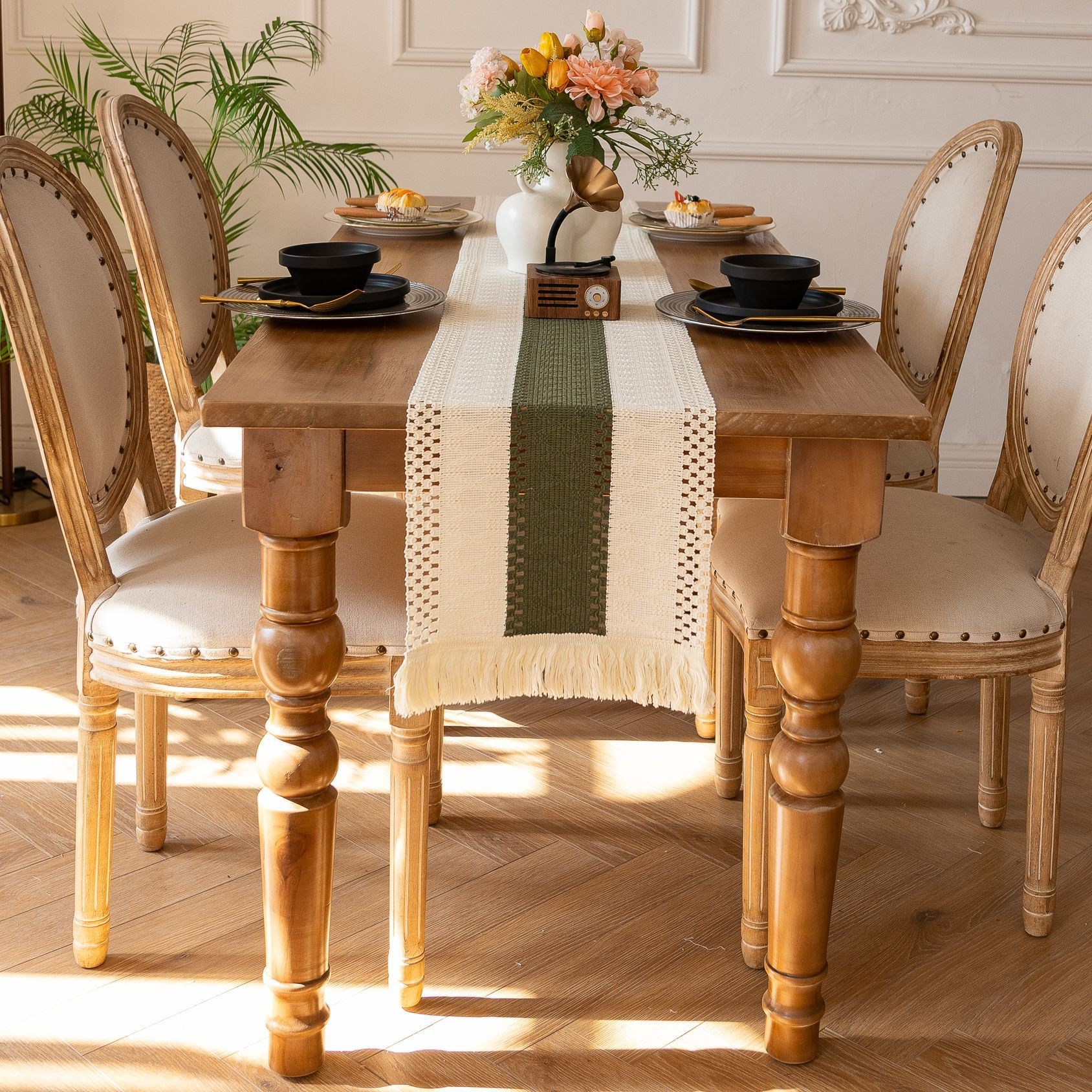 White-Green Bohemian Woven Dining Mat with Tassels(30X50CM)