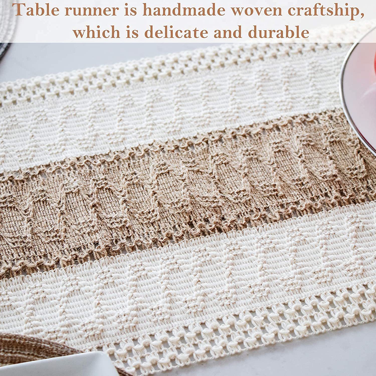 White-Green Bohemian Woven Dining Mat with Tassels(30X50CM) view 4