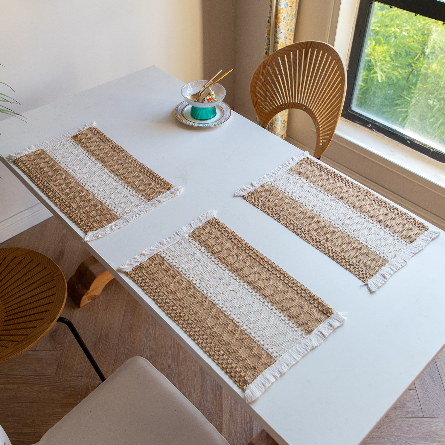 White-Green Bohemian Woven Dining Mat with Tassels(30X50CM) view 5