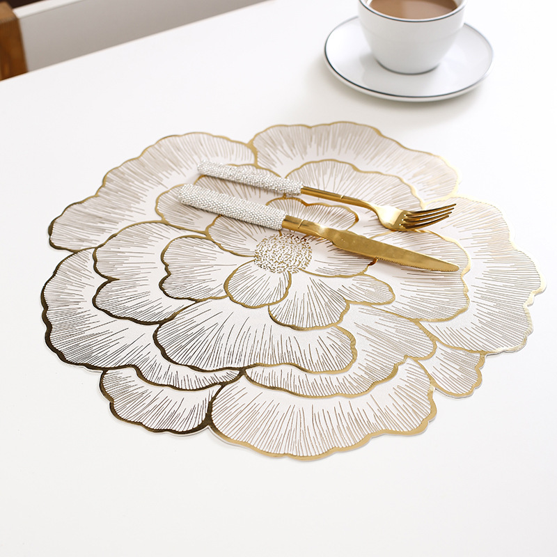 4-Pack Gold Luxury Bronzing Floral Heat-Insulated Placemats - Peony Style