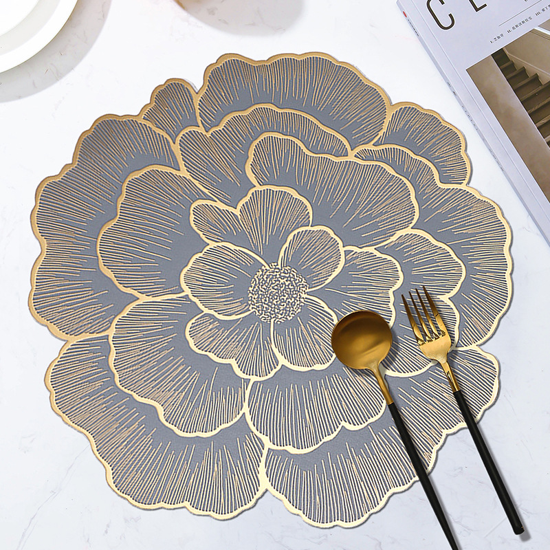 4-Pack Gold & Grey Luxury Bronzing Floral Heat-Insulated Placemats - Peony