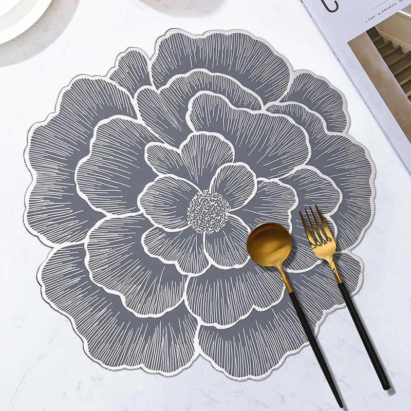 4-Pack Sliver & Grey Luxury Bronzing Floral Heat-Insulated Placemats - Peony