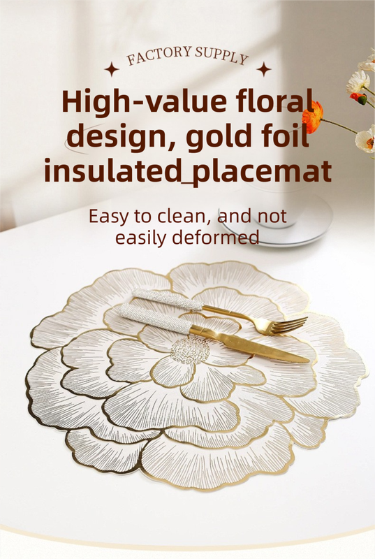 4-Pack Sliver & Grey Luxury Bronzing Floral Heat-Insulated Placemats - Peony view 2