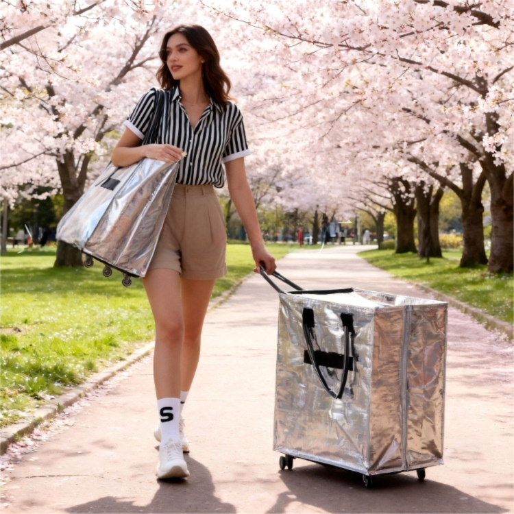 Red Portable Folding Shopping Trolley Bag(50x40x30CM) - Durable Woven Fabric view 4