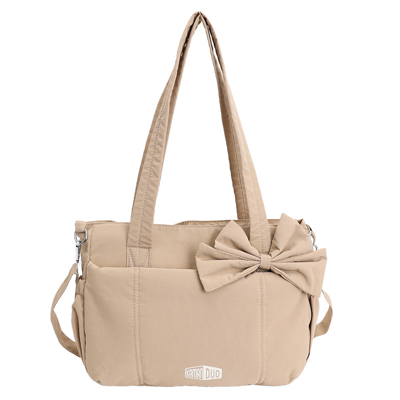 Khaki Puffy Quilted Nylon Hobo & Crossbody Bag with Cute Bowknot - Trendy
