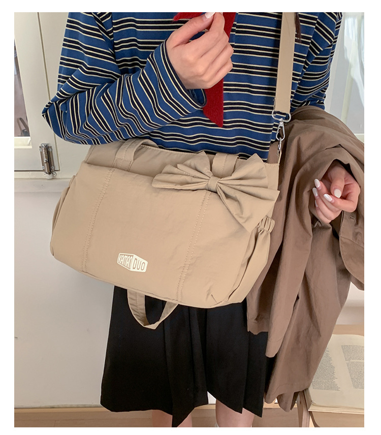 Khaki Puffy Quilted Nylon Hobo & Crossbody Bag with Cute Bowknot - Trendy view 3