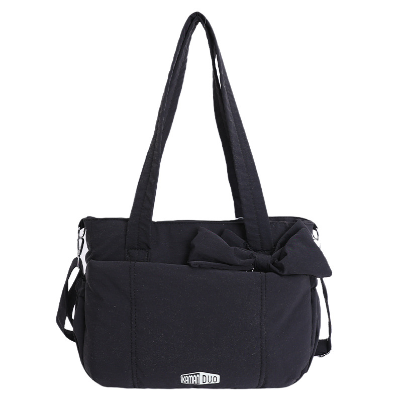 Black Puffy Quilted Nylon Hobo & Crossbody Bag with Cute Bowknot - Trendy