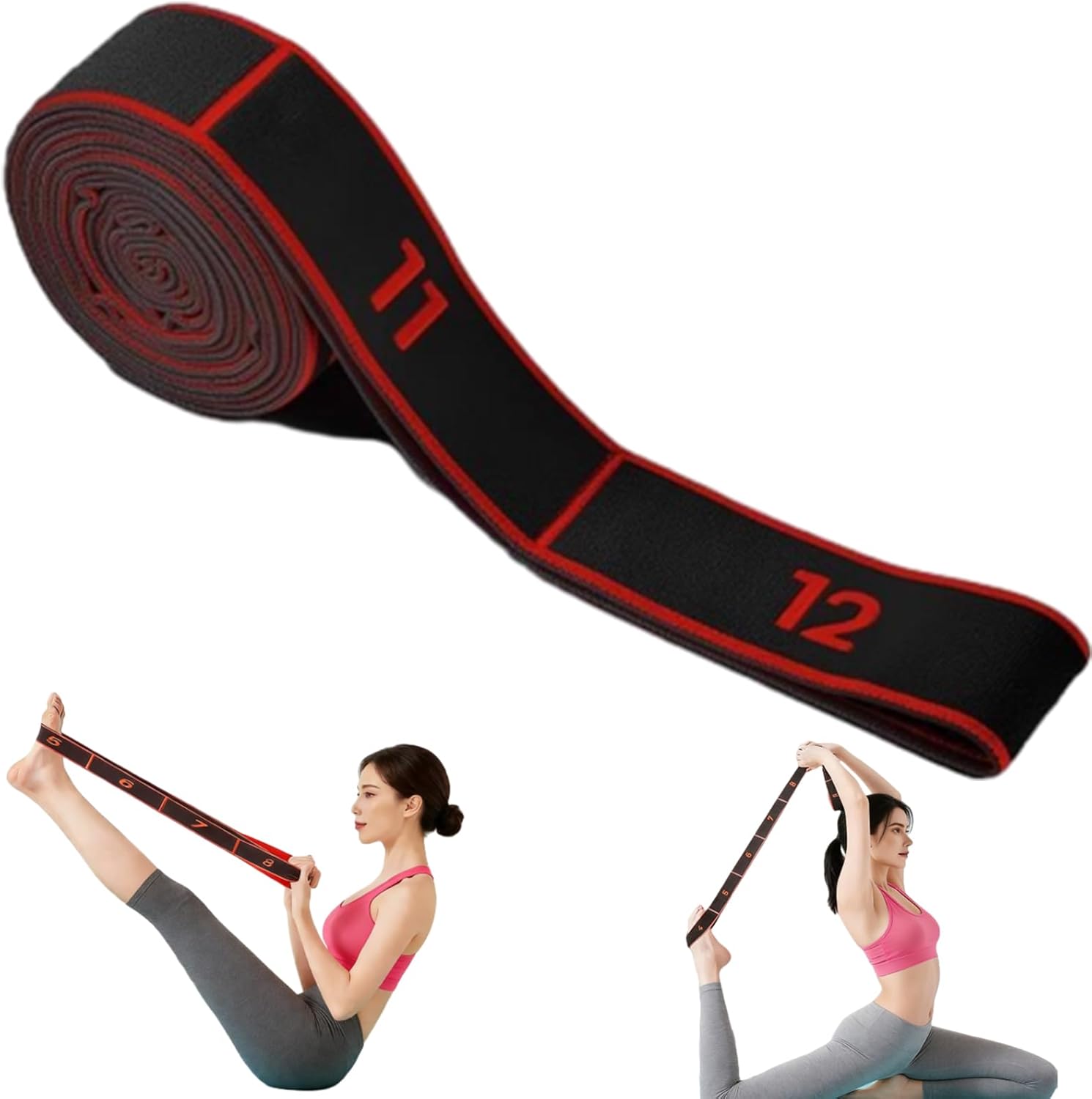 2-Pack Black-Red 12-Loop Numbered Yoga Stretch Strap(4x138CM) - Durable