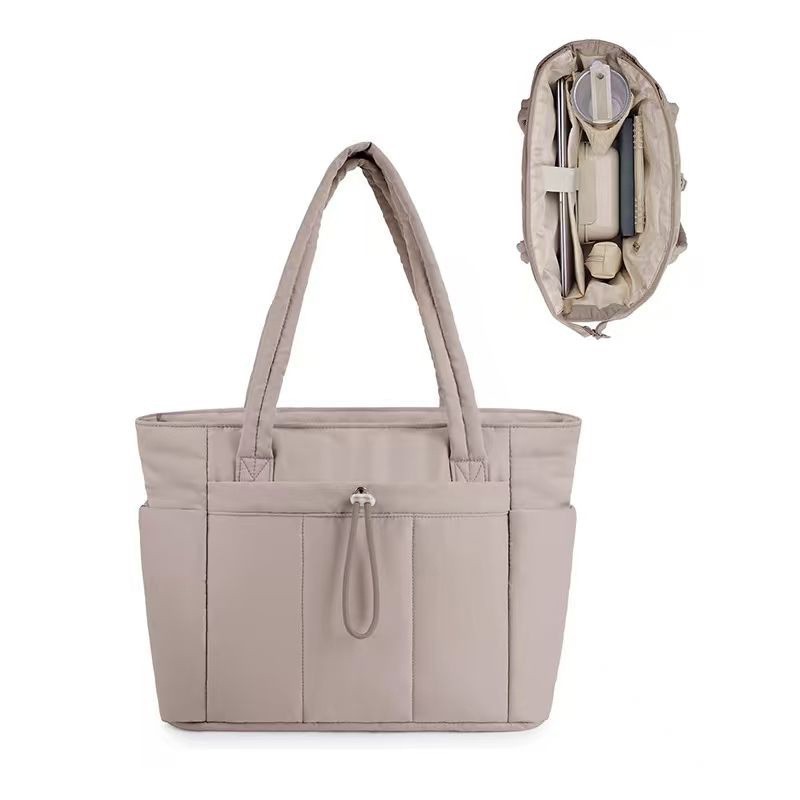 Khaki Quilted Puffer Nylon Tote/Laptop Bag for Women with Internal Cup Holder