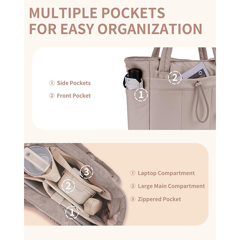 Khaki Quilted Puffer Nylon Tote/Laptop Bag for Women with Internal Cup Holder view 3