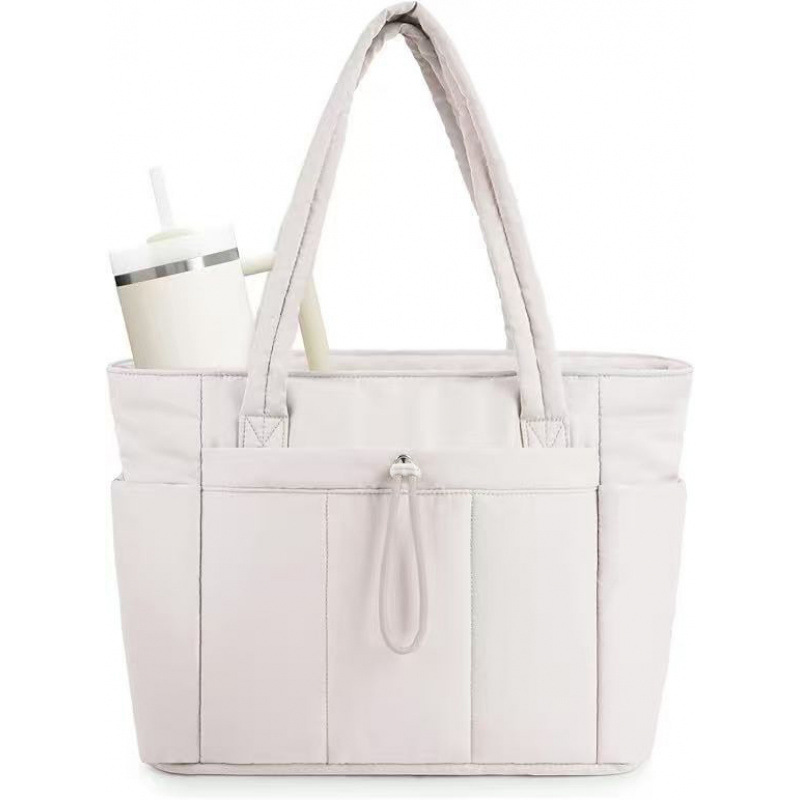 White Quilted Puffer Nylon Tote/Laptop Bag for Women with Internal Cup Holder