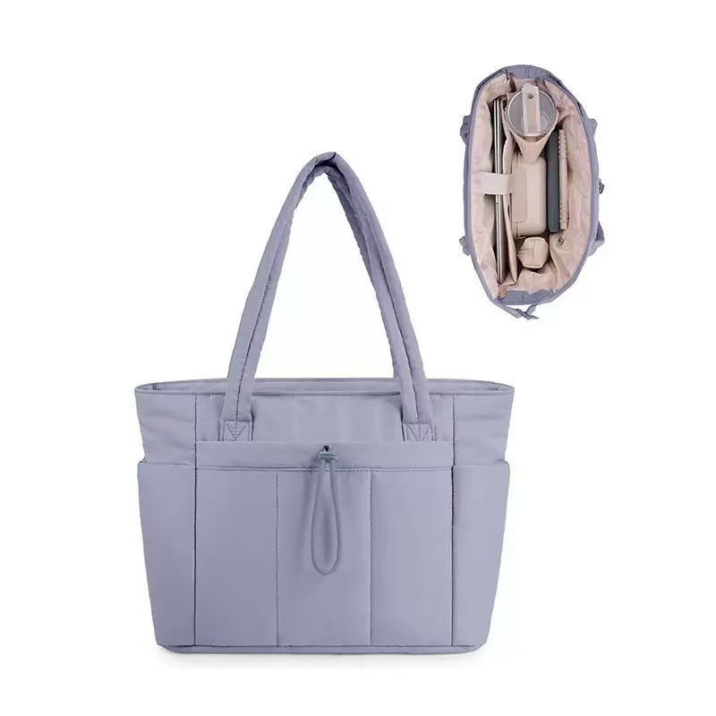 Purple Quilted Puffer Nylon Tote/Laptop Bag for Women with Internal Cup Holder