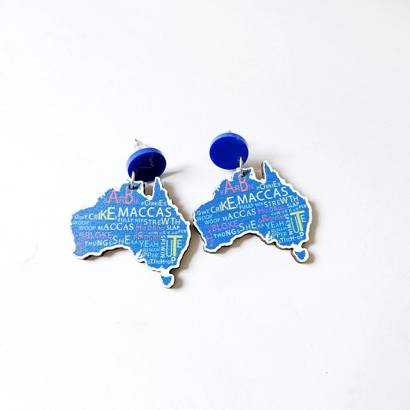 Wooden Australia Map Silhouette Earrings - Lightweight Geometric Ear Drops view 2