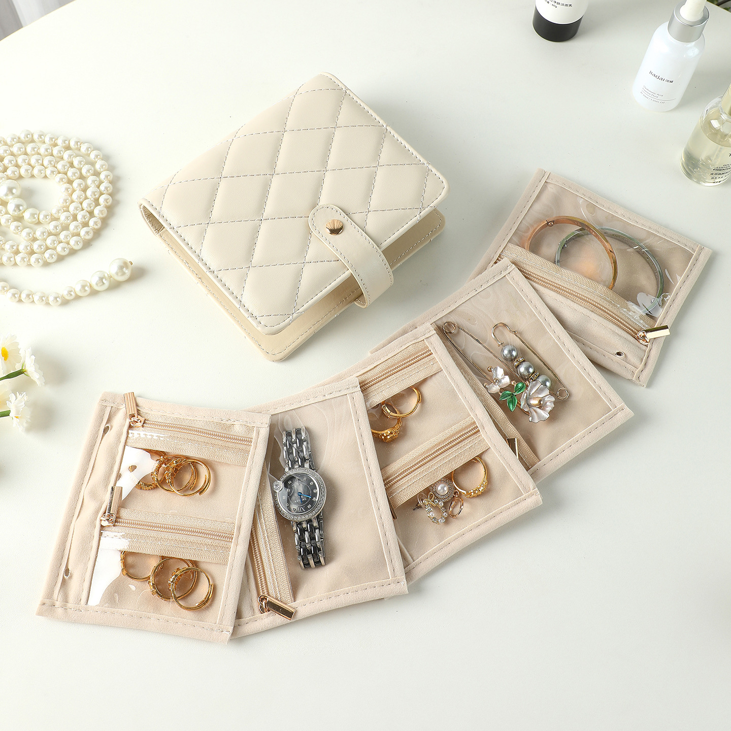 White Nappa Leather Anti-Oxidation Jewelry Storage Book with 5 Velvet Pouches view 2
