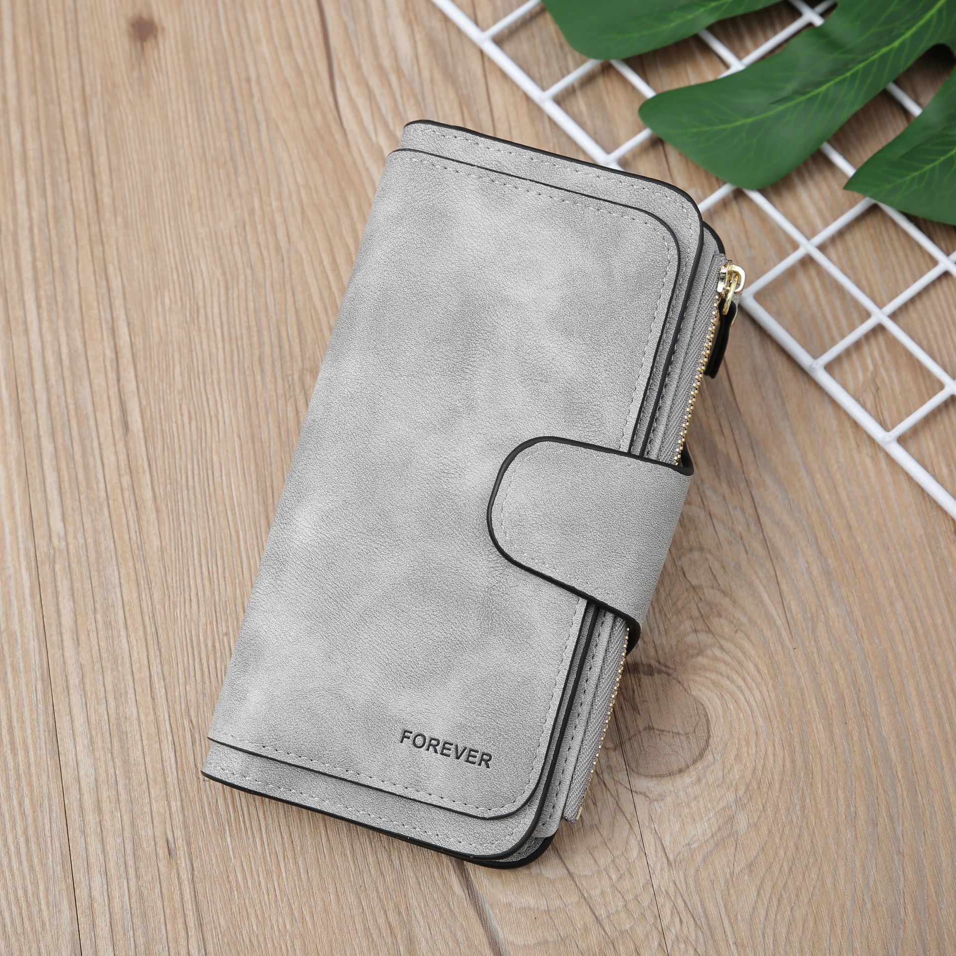 Grey Large Capacity Long Wallet Frosted PU Leather Clutch Bag with 14 Card