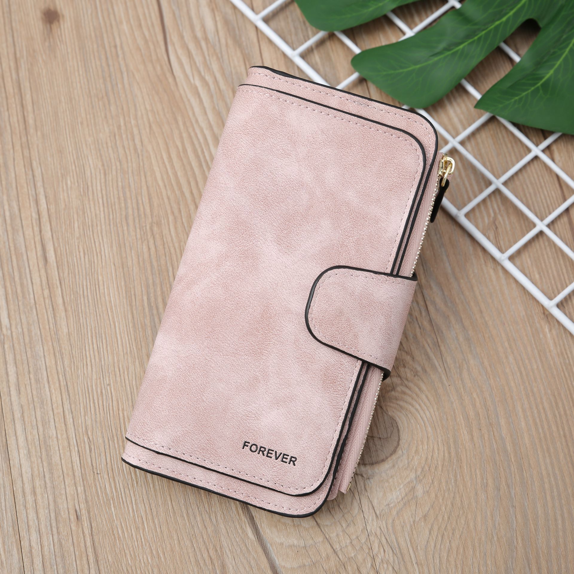 Pink Large Capacity Long Wallet Frosted PU Leather Clutch Bag with 14 Card