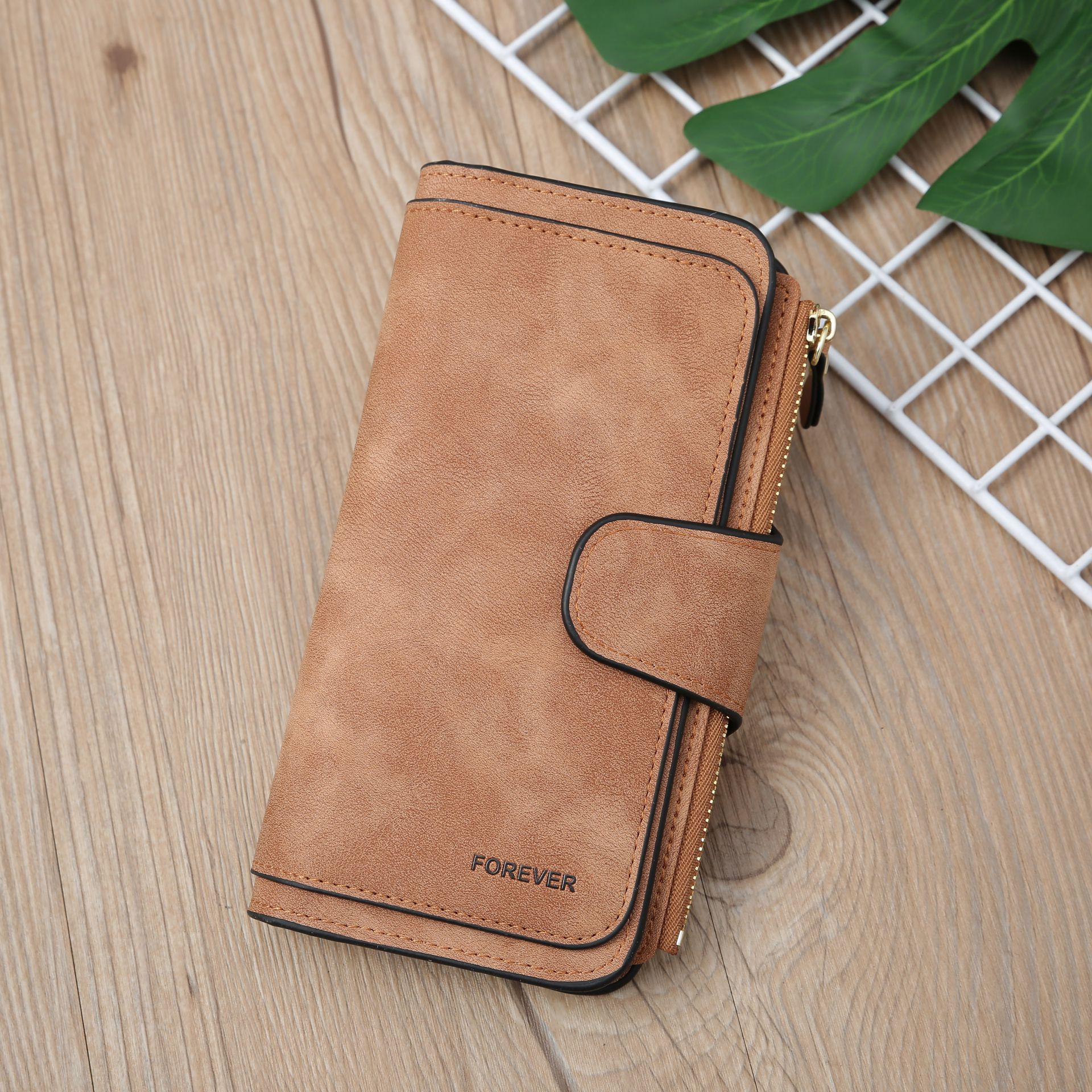 Brown Large Capacity Long Wallet Frosted PU Leather Clutch Bag with 14 Card