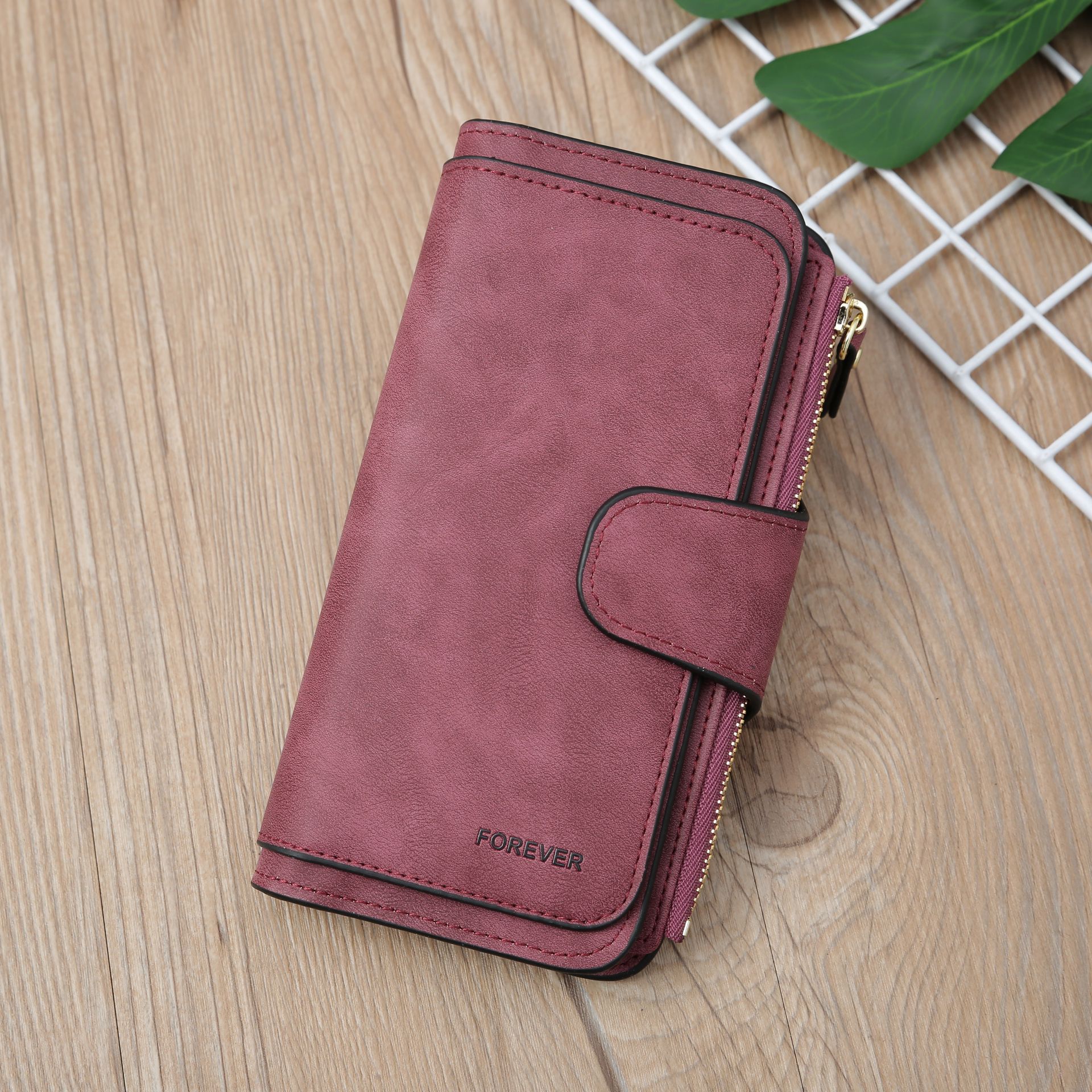 Purplish red Large Capacity Long Wallet Frosted PU Leather Clutch Bag with 14