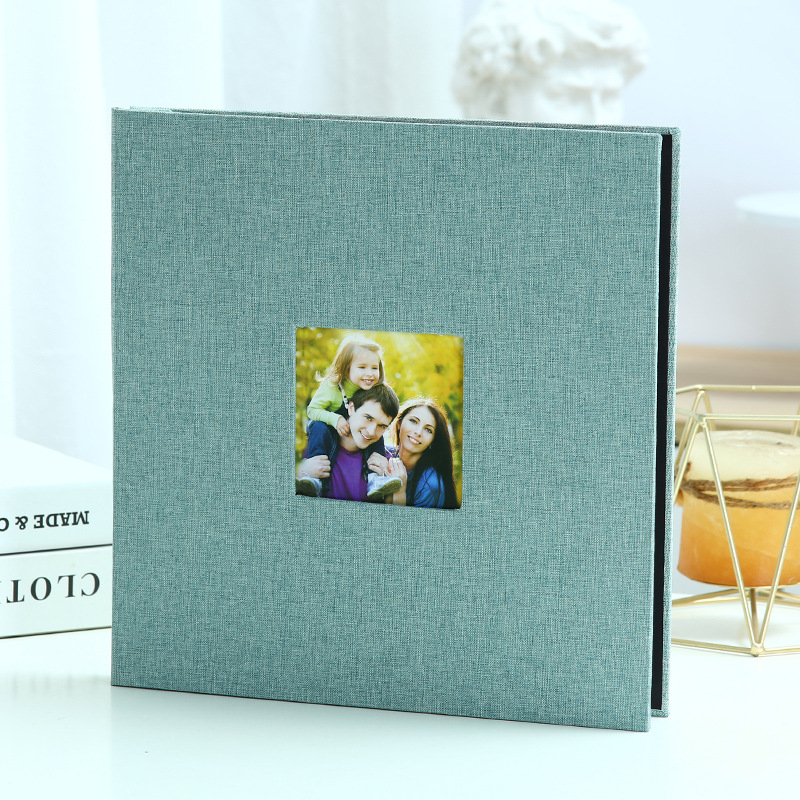 Green Linen Self-Adhesive Photo Album DIY Scrapbook with Cover Window 11x10.6 — image 1