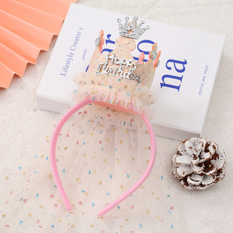 Beige with a pink hairband 2-Pack Tulle Crown Headbands with "Happy Birthday"