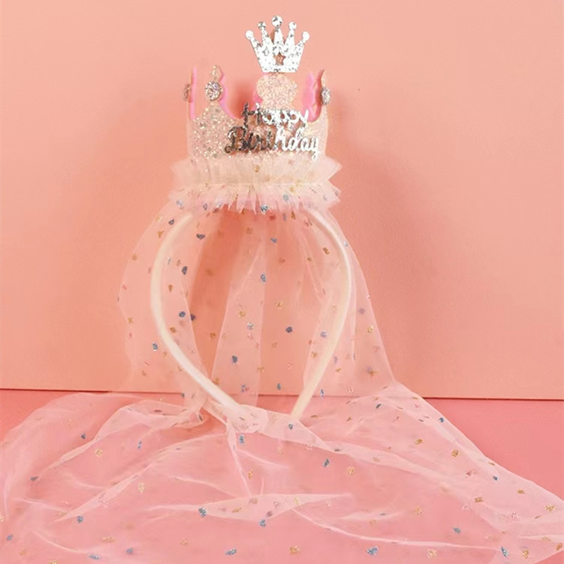 Beige 2-Pack Tulle Crown Headbands with "Happy Birthday" Sparkle Design for