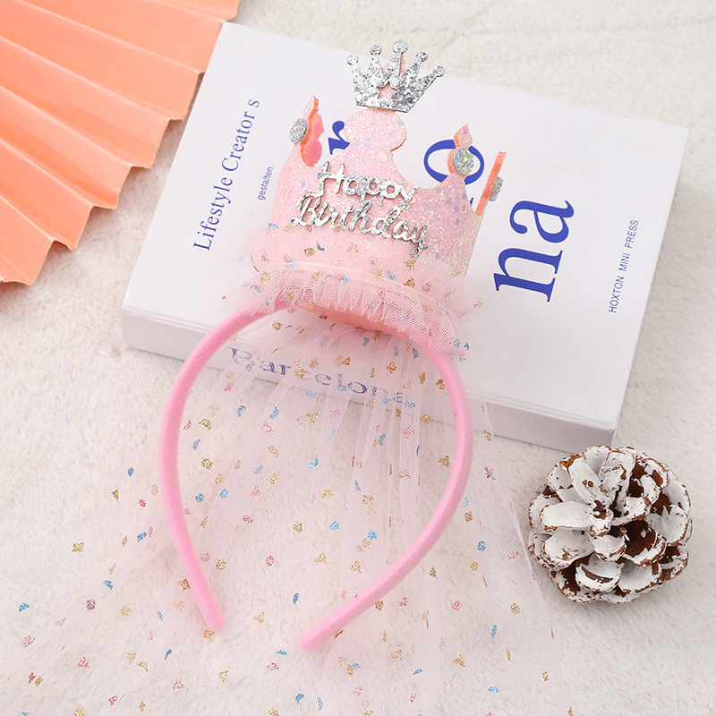 Pink 2-Pack Tulle Crown Headbands with "Happy Birthday" Sparkle Design for