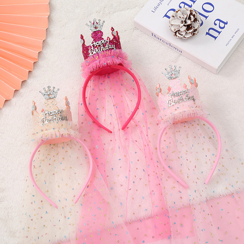 Pink 2-Pack Tulle Crown Headbands with "Happy Birthday" Sparkle Design for view 2