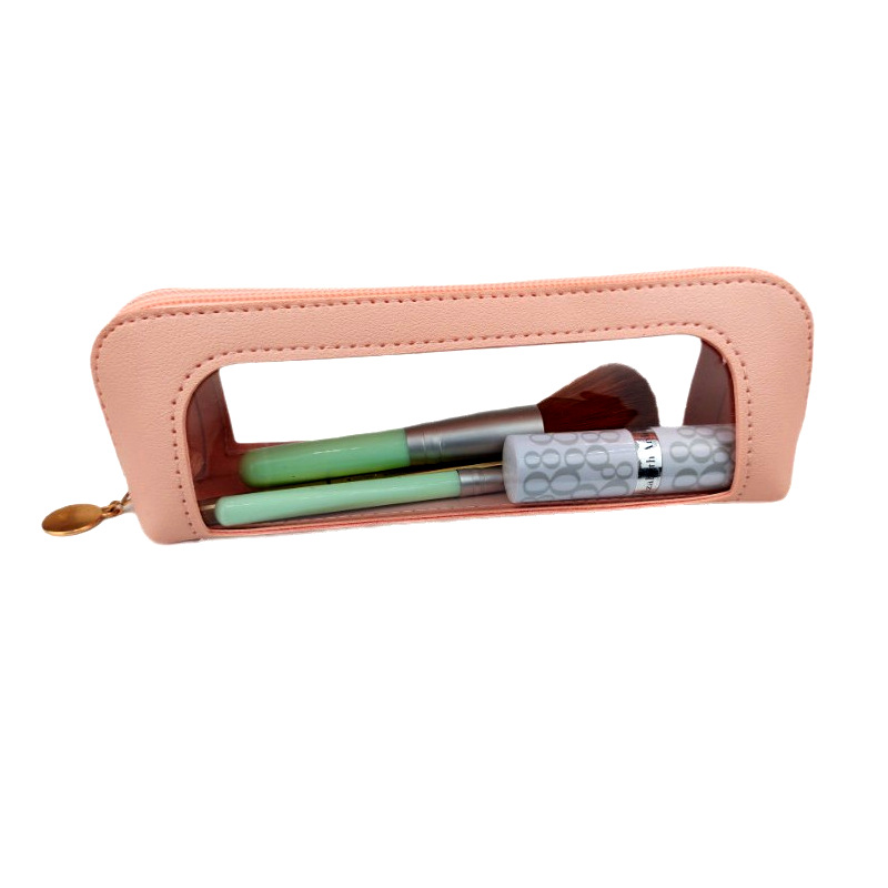 2-Pcs Pink Transparent Makeup Brush Case – Portable Zippered Cosmetic Pouch