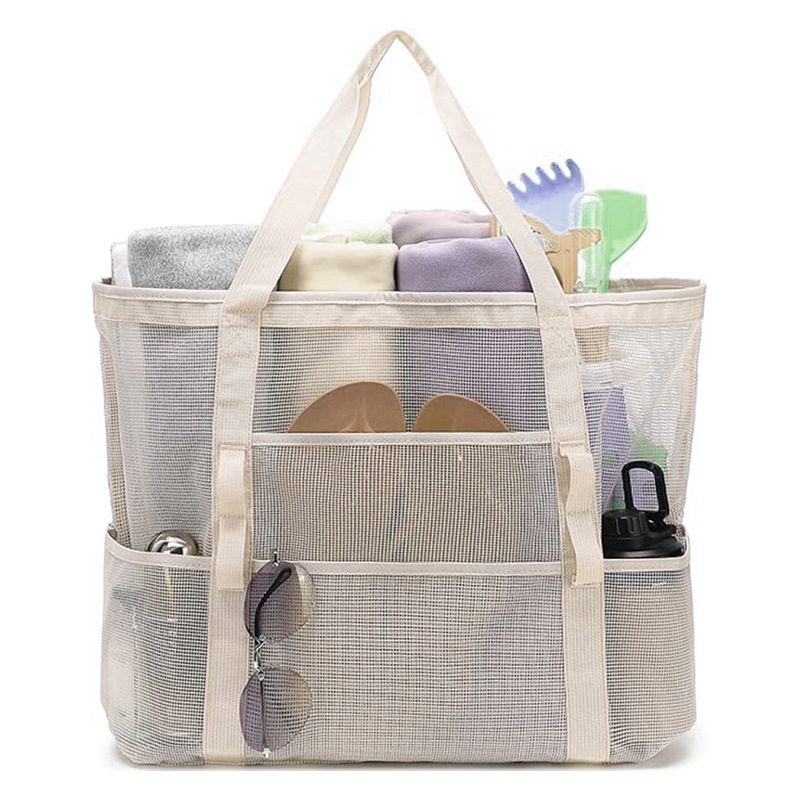 2-PCS Beige Mesh Beach Tote Bag – Large Capacity Swim Gear Organizer with