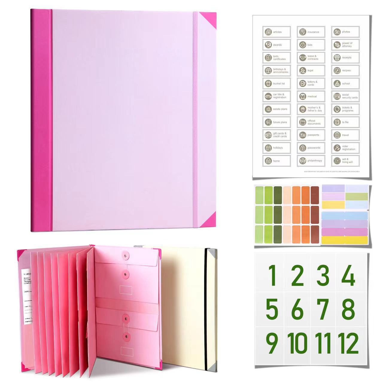 Pink Important Document Organizer Folder with 10 Manila Envelopes and
