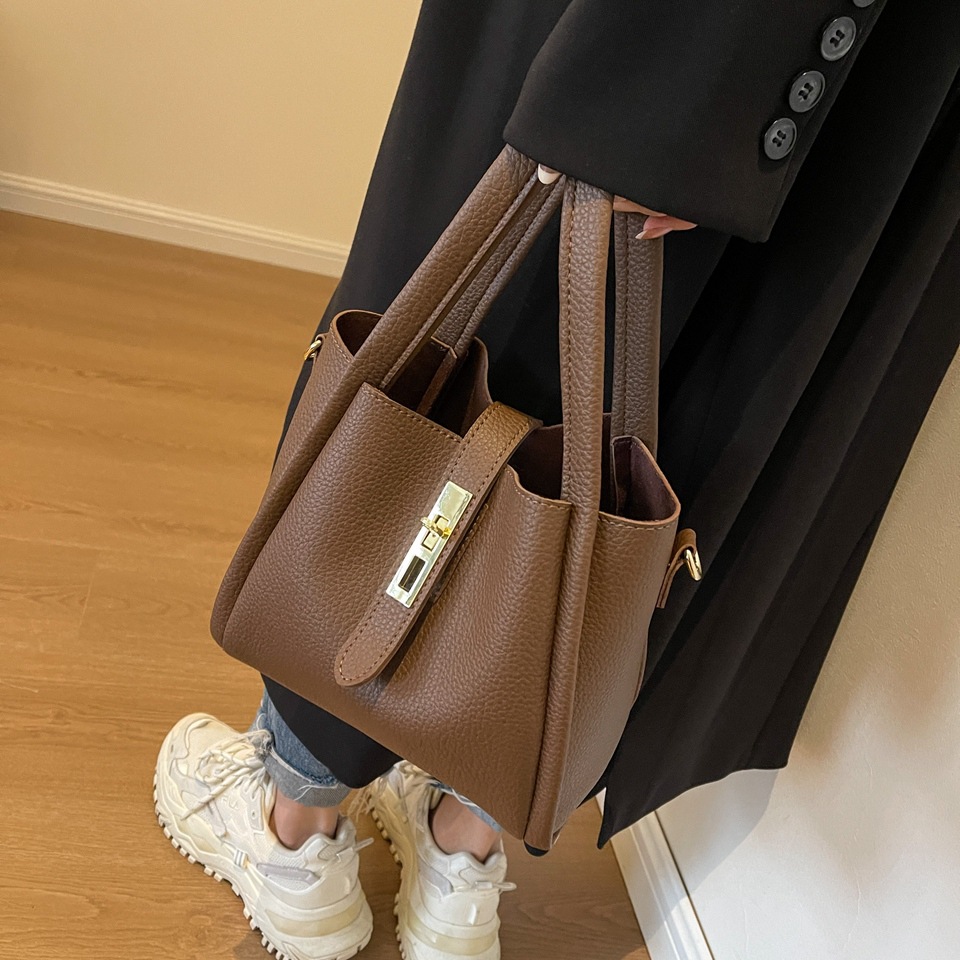 Coffee color Retro 2-Piece Women's Bucket Bag Set with Removable Inner Pouch